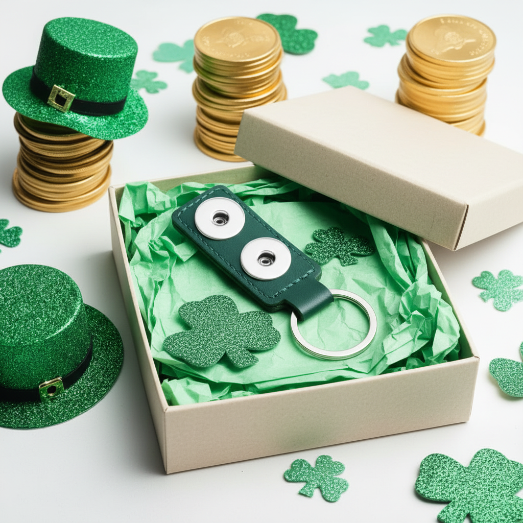 A St. Patrick's Day themed keychain gift set in an open beige box with green tissue paper, shamrock cutouts, and a green faux-leather keychain with googly eyes.
