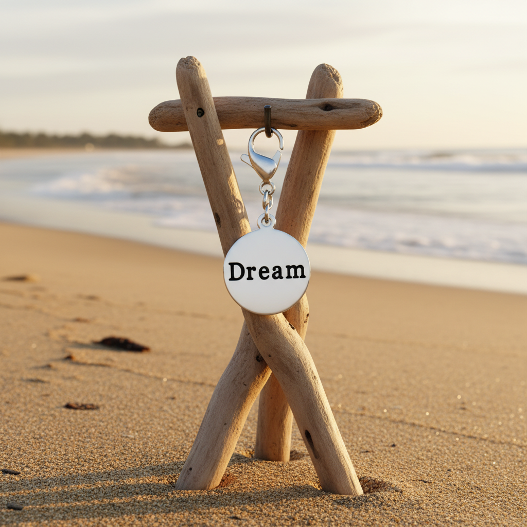 A silver-toned round keychain with the word 'Dream' in black text hangs from a small driftwood stand on a sandy beach with the ocean in the background.