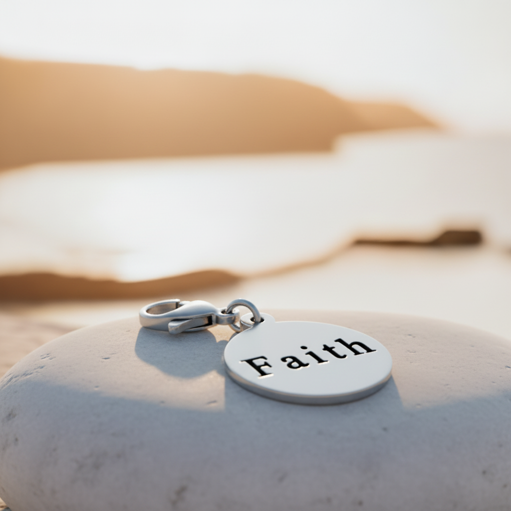 A silver round disc charm engraved with the word 'Faith' in black lettering, hanging from a silver lobster clasp. The charm is photographed outdoors on a wet stone surface with a blurred background of water and hills.