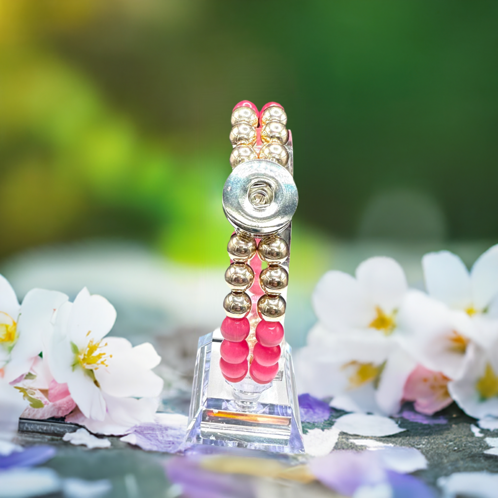 Statement Deep Pink & Rose Gold Cats Eye Beaded Stretch Bracelet