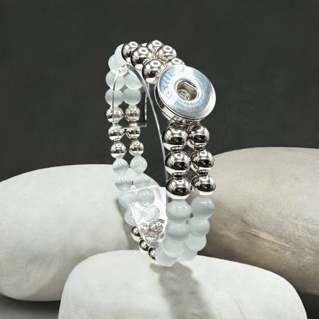 Statement White & Silver Cats Eye Beaded Stretch Bracelet