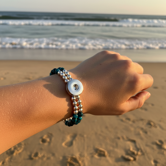 Statement Rose Gold & Variegated Blue Beaded Stretch Bracelet