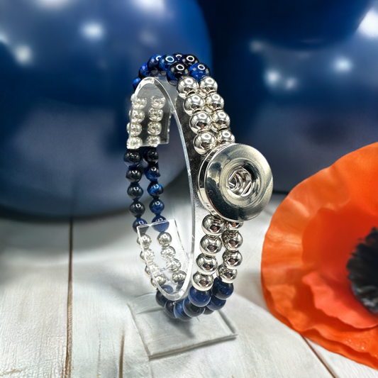 Statement Deep Blue & Silver Cats Eye Beaded Stretch Bracelet