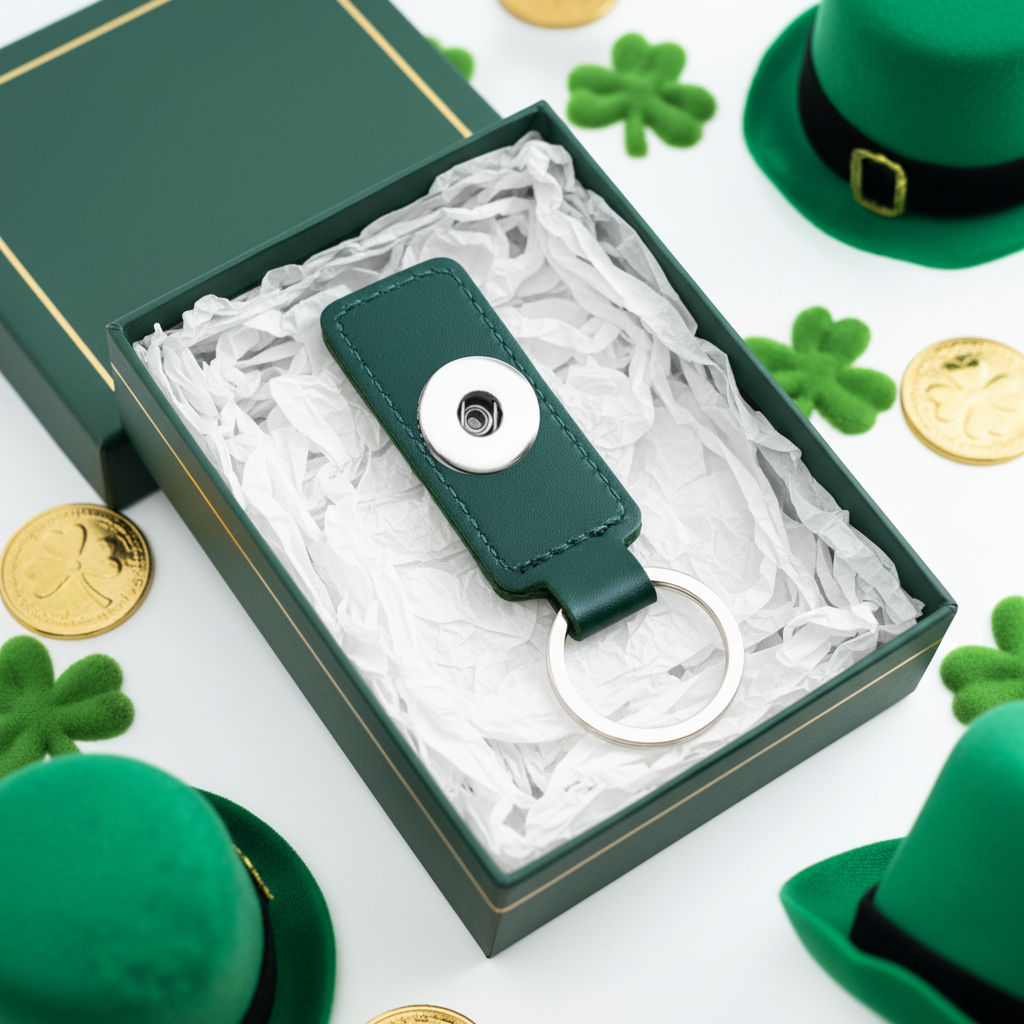 A dark green leather keychain with a silver snap button and metal key ring, styled on a white background with St. Patrick's Day themed green shamrocks and leprechaun hats.