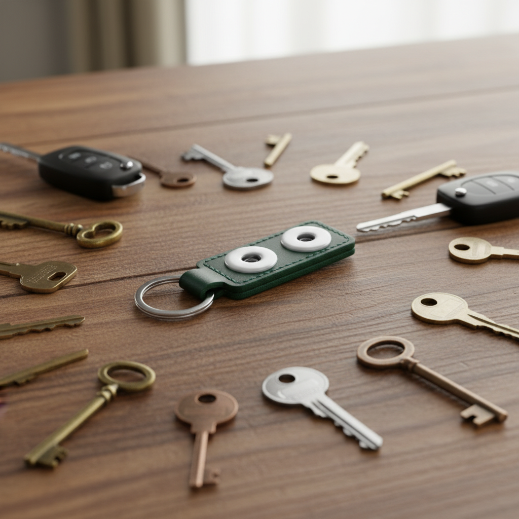 A green leather keychain with two circular cutouts and a silver key ring, styled on a wooden table surrounded by various keys and two car key fobs.