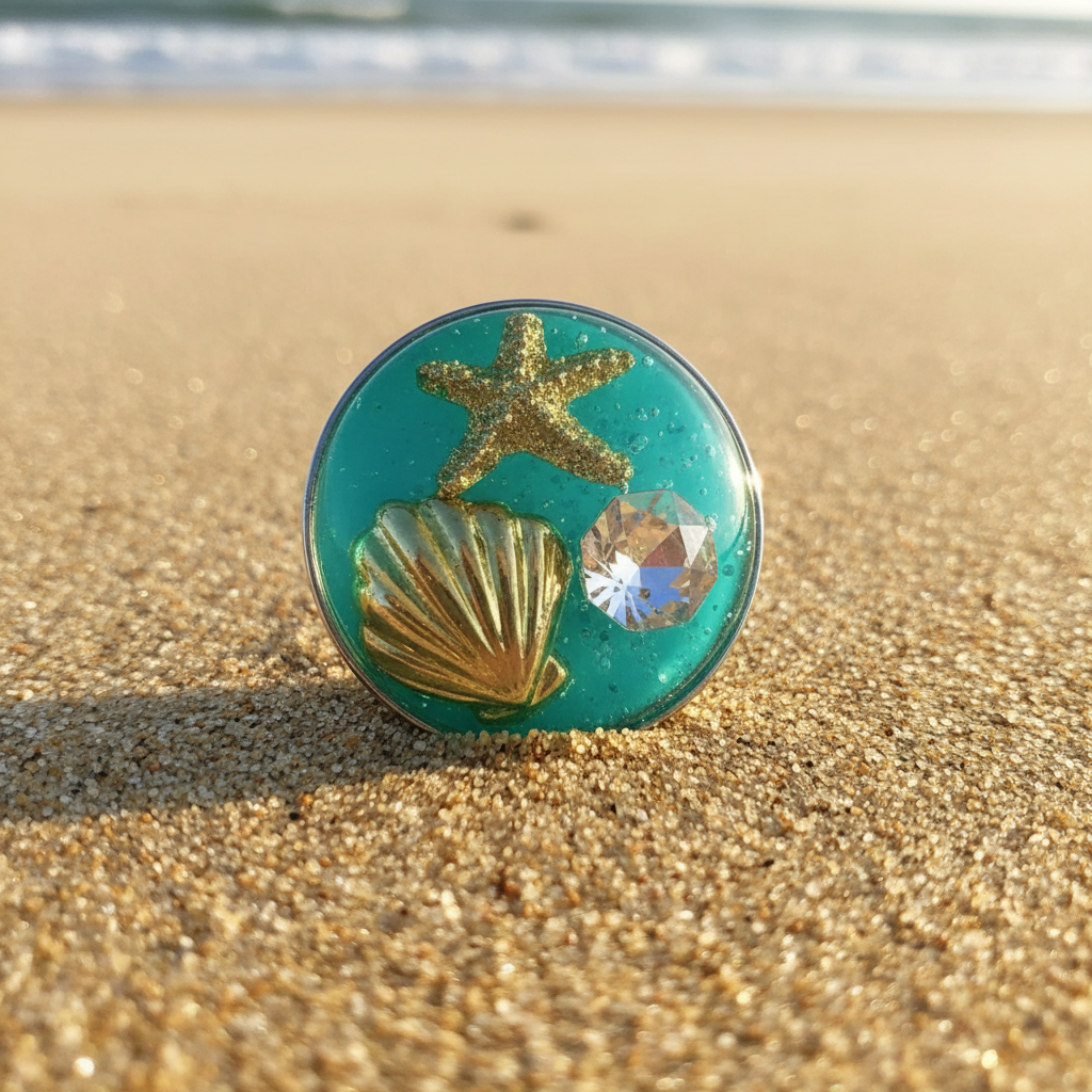 A round turquoise resin snap button featuring a gold glitter starfish, a gold seashell, and a faceted clear crystal, resting on a textured rock.