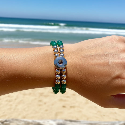 Statement Rose Gold & Green Cats Eye Beaded Stretch Bracelet