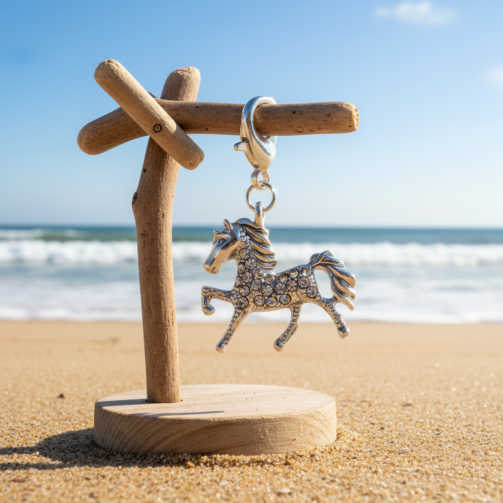 A silver horse charm embellished with clear rhinestones hangs from a rustic wooden display stand on a sandy beach with the ocean in the background.