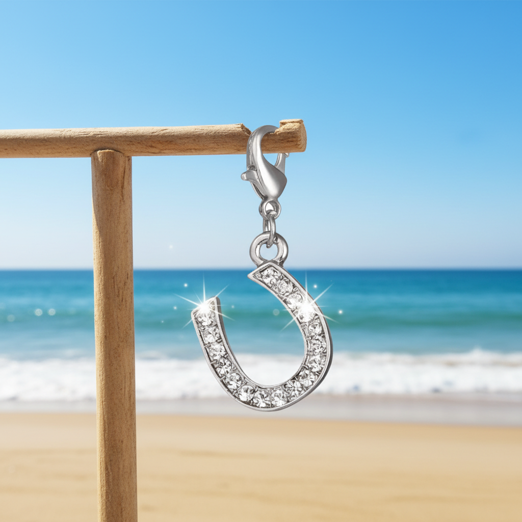 A silver horseshoe-shaped charm embellished with clear rhinestones, hanging from a wooden display stand against a blurred beach background with blue sky and ocean.