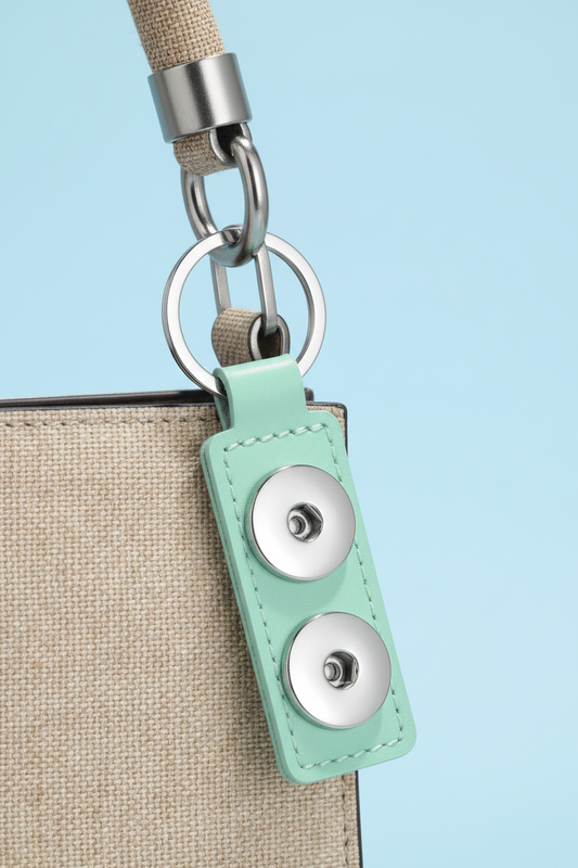 A mint green faux leather keychain with a silver metal key ring and two silver snap buttons, shown on a light blue background.
