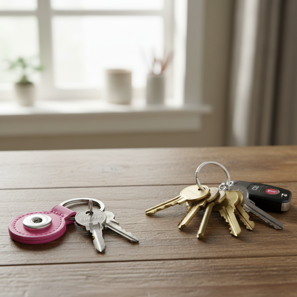 Two keychains on a wooden tabletop in front of a softly blurred window. One keychain has a bright pink oval tag with a silver keyring and silver keys.