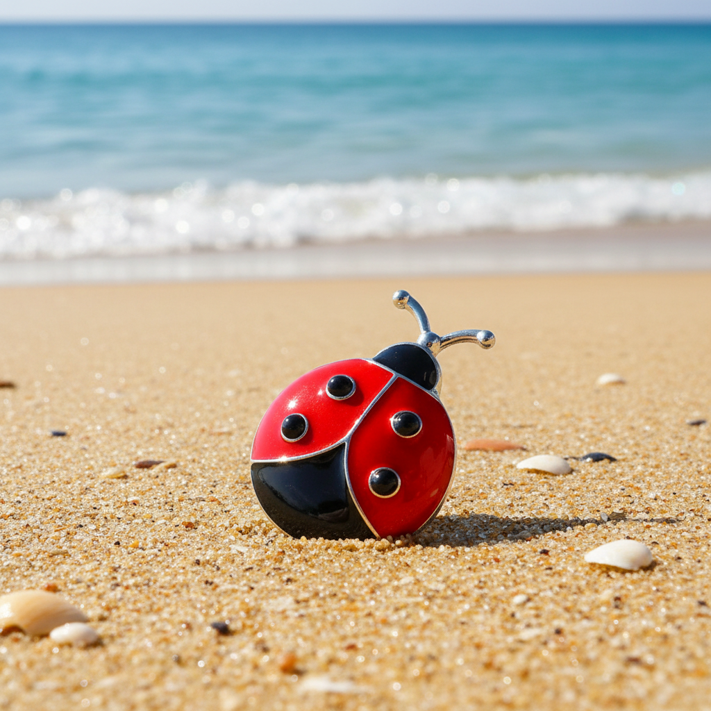 A ladybug-shaped snap button with a glossy red and black body and silver-tone metal antennae, photographed on a beach