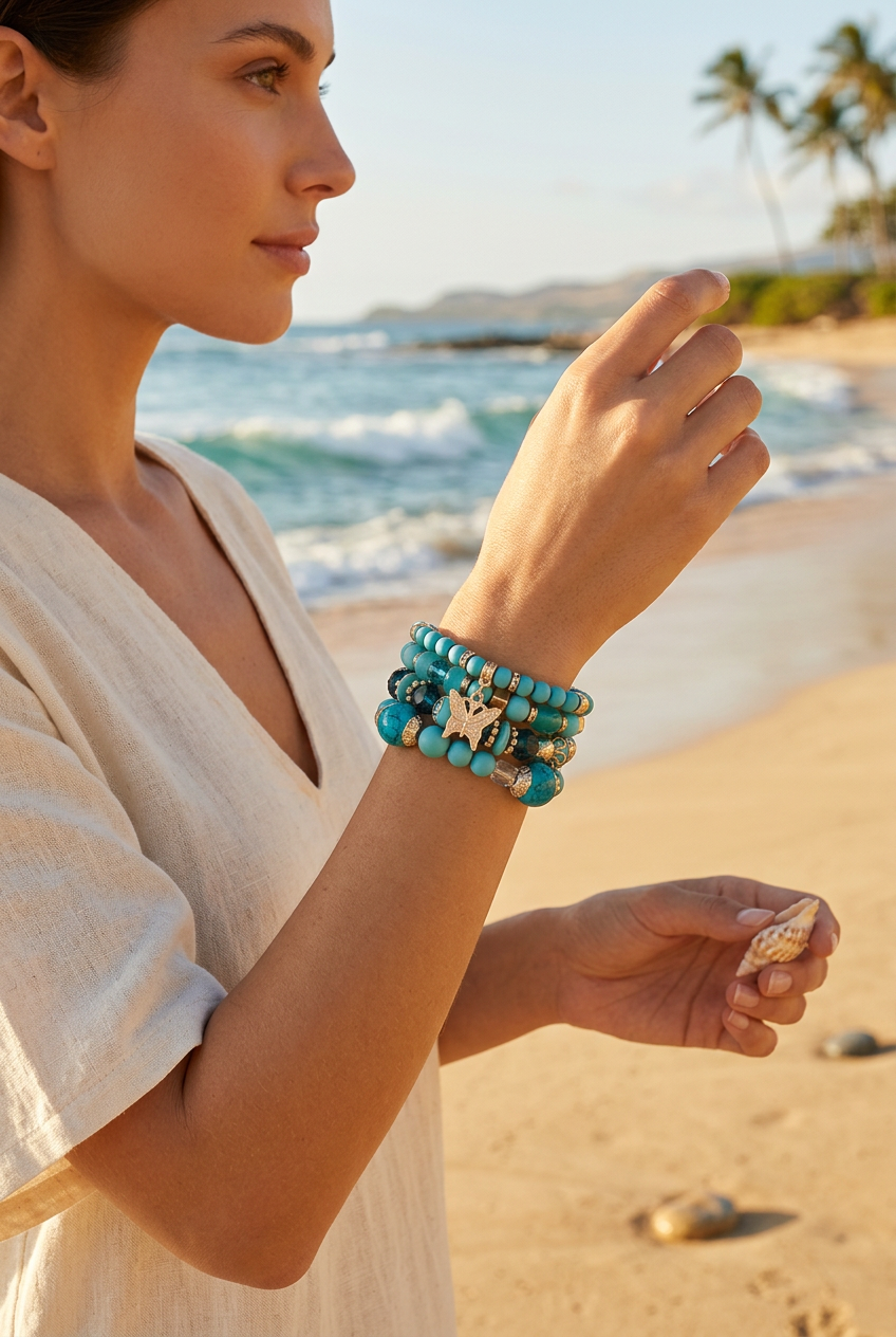 Bohemian Multi-Layer Beaded Bracelet With Butterfly Dangle - Lake Blue