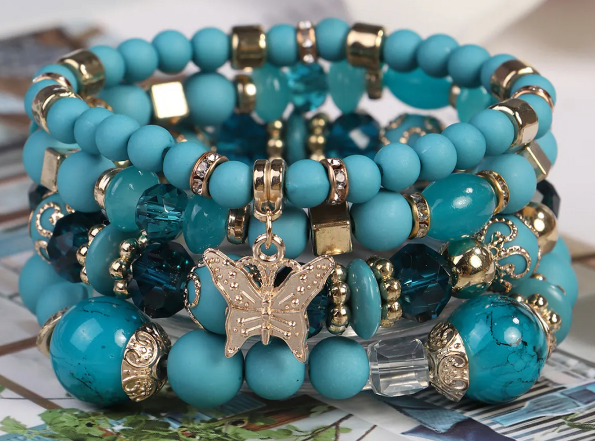 Bohemian Multi-Layer Beaded Bracelet With Butterfly Dangle - Lake Blue