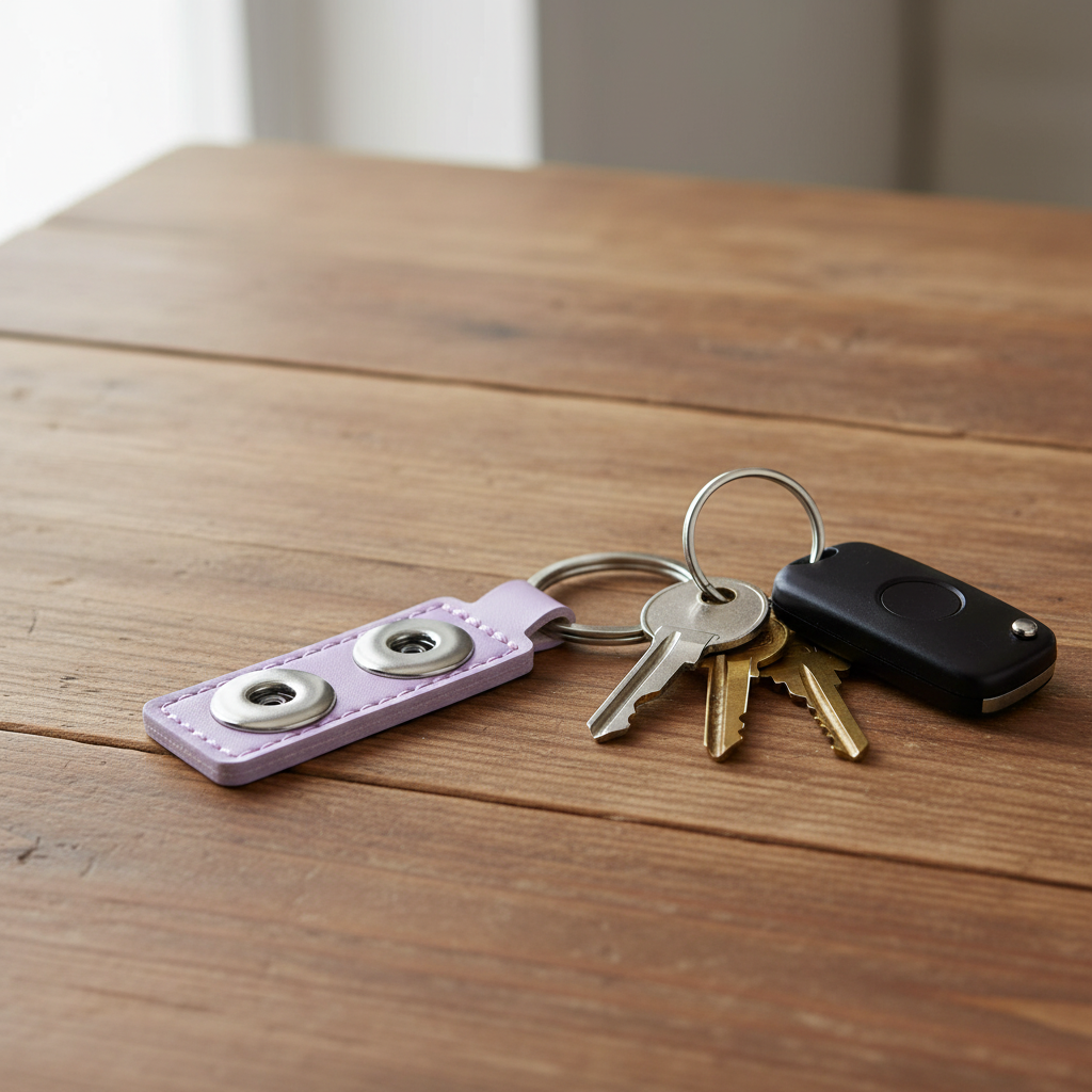 A light purple faux leather keychain with two silver snap buttons and a silver split key ring.