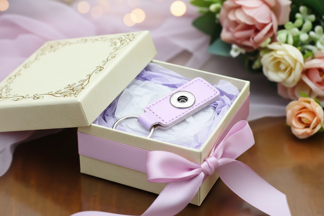 A small lavender keychain with a silver button and key ring presented inside an open cream gift box with a pink ribbon and bow, set on a wooden surface with soft pink fabric and flowers in the background.