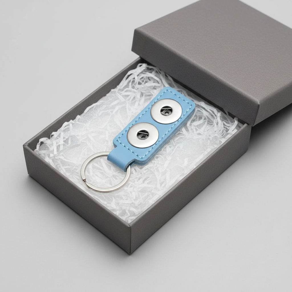 A light blue faux leather keychain with two silver snap buttons and a silver split key ring, styled on a light gray textured surface.