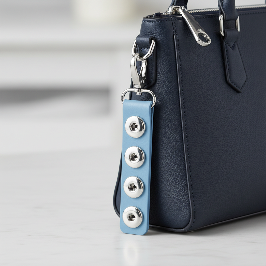 A close-up of a navy blue textured leather handbag with a light blue leather strap accessory featuring four silver-tone snap buttons and silver hardware.