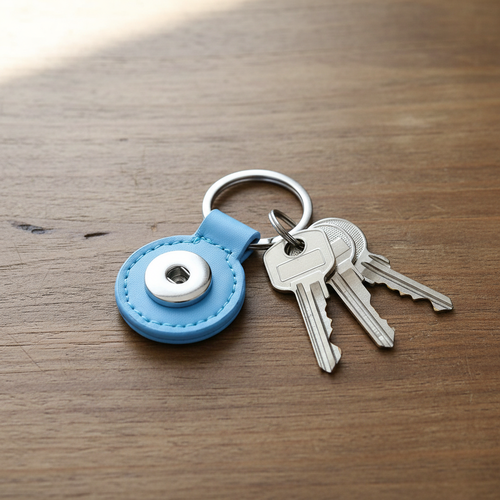 A light blue leather keychain with a silver snap button and a silver metal keyring holding two keys, placed on a wooden tabletop.