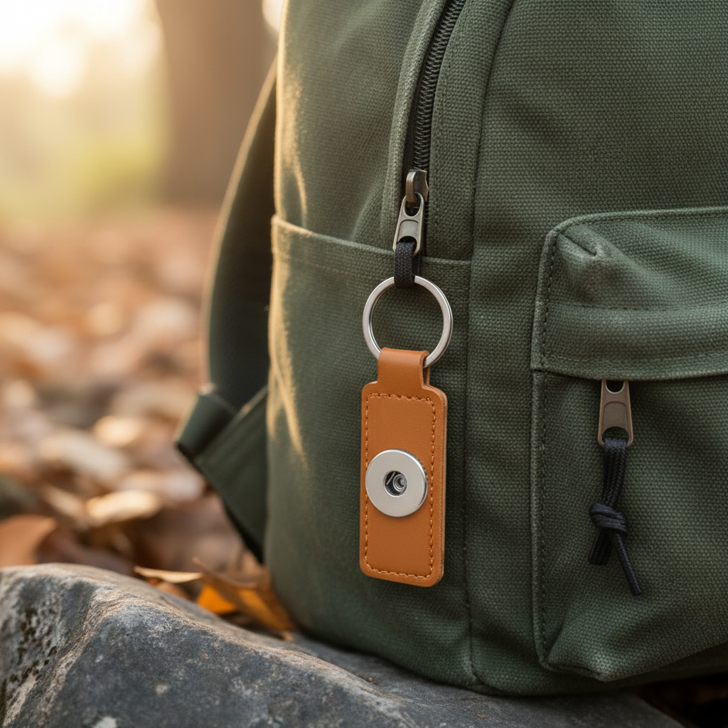A tan leather keychain with a silver snap button and split key ring, resting on a dark gray rock with blurred brown leaves in the background.