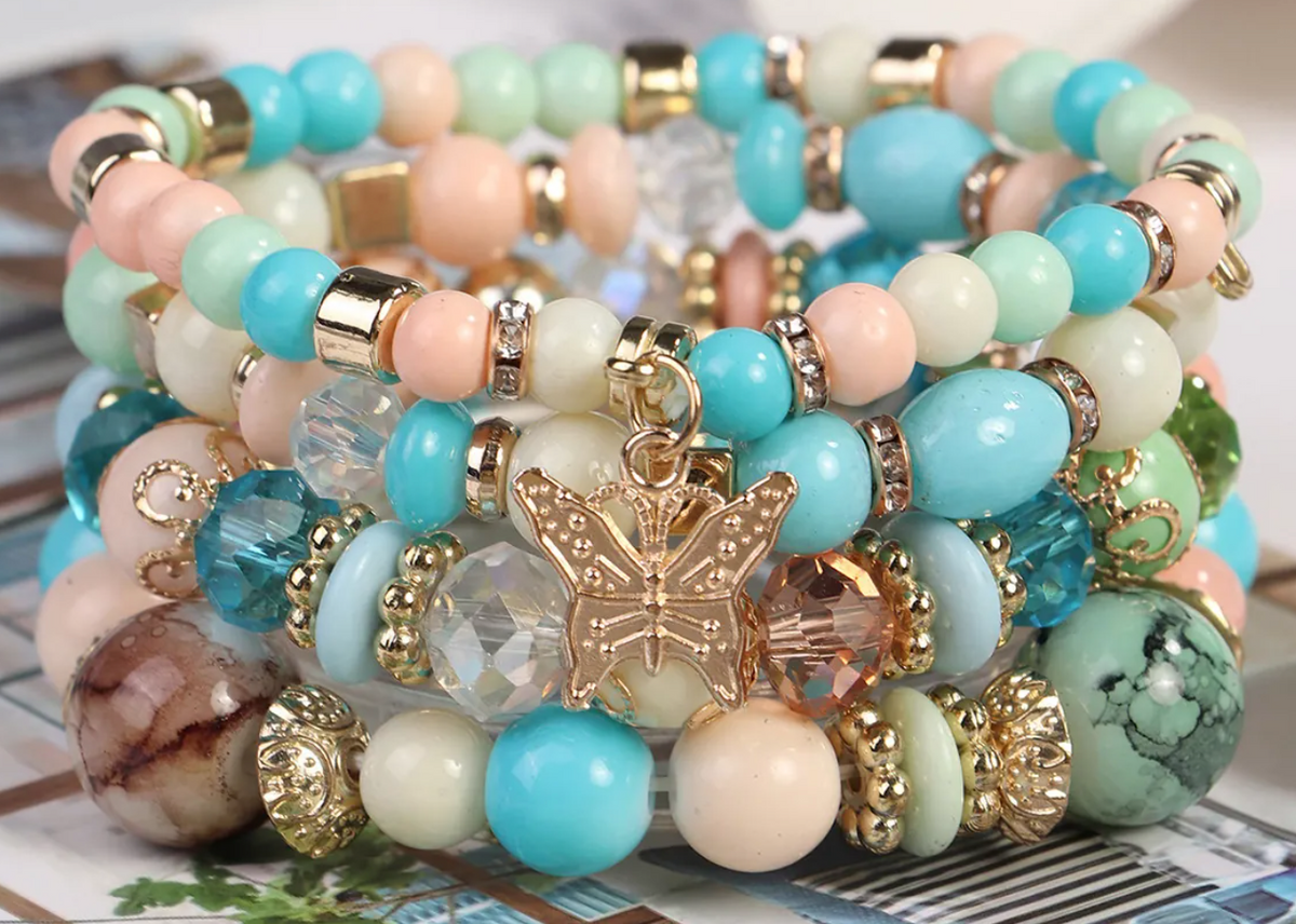 Bohemian Multi-Layer Beaded Bracelet With Butterfly Dangle - Multi Colored