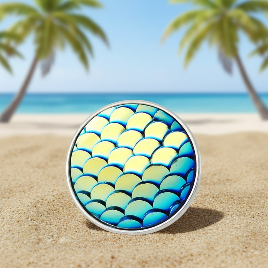 A snap button with a colorful mermaid scale pattern in blue, teal, and yellow, set on a sandy beach with blurred palm trees and ocean in the background.