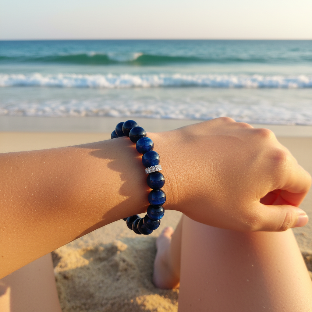 A beaded stretch bracelet made of deep blue round beads with a small silver-toned accent, on a model on a sandy beach with the ocean in the background.