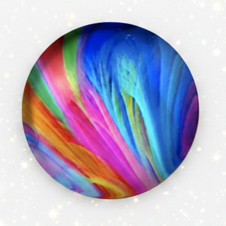 A circular close-up of a colorful abstract pattern with flowing streaks of blue, pink, green, yellow, orange, and purple on a white background.