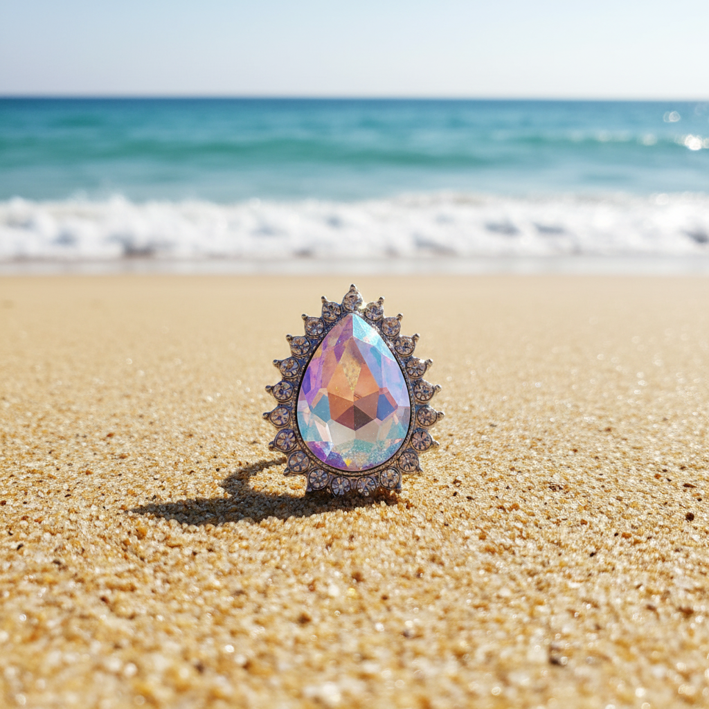 A teardrop-shaped iridescent gemstone snap in a silver-toned halo setting, photographed close up on a textured stone surface with a blurred green background.