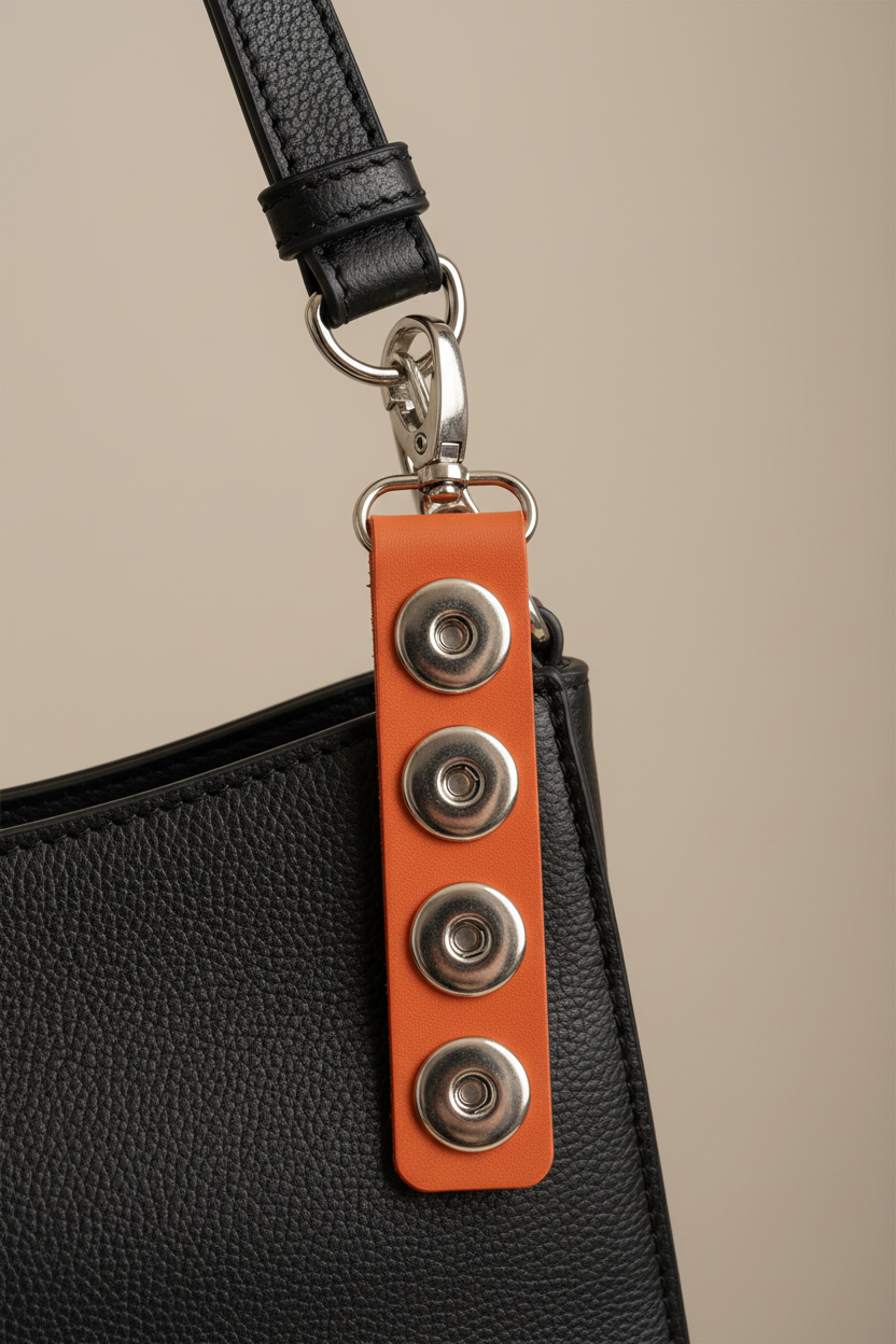 Close-up of a black pebbled leather bag strap with a bright orange leather accent tab featuring four silver-tone snap buttons and a silver clasp.