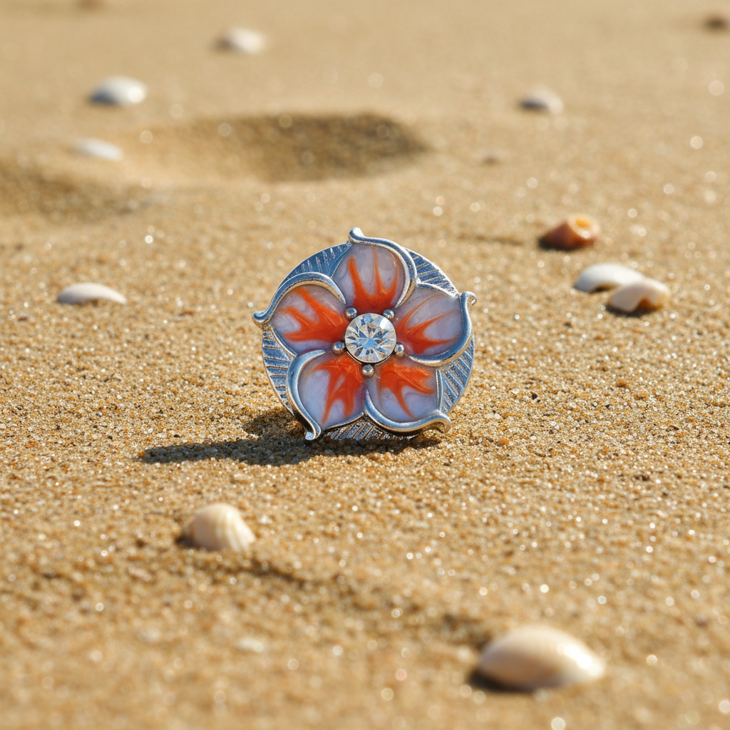 A silver-toned flower-shaped snap button with white enamel petals, orange flame-like accents, and a clear central gemstone, resting on a sparkly white surface.