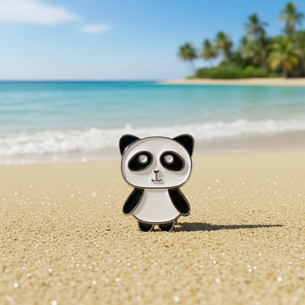A cute panda-shaped snap button with a white face and body, black ears, arms, and eye patches, outlined in silver. 