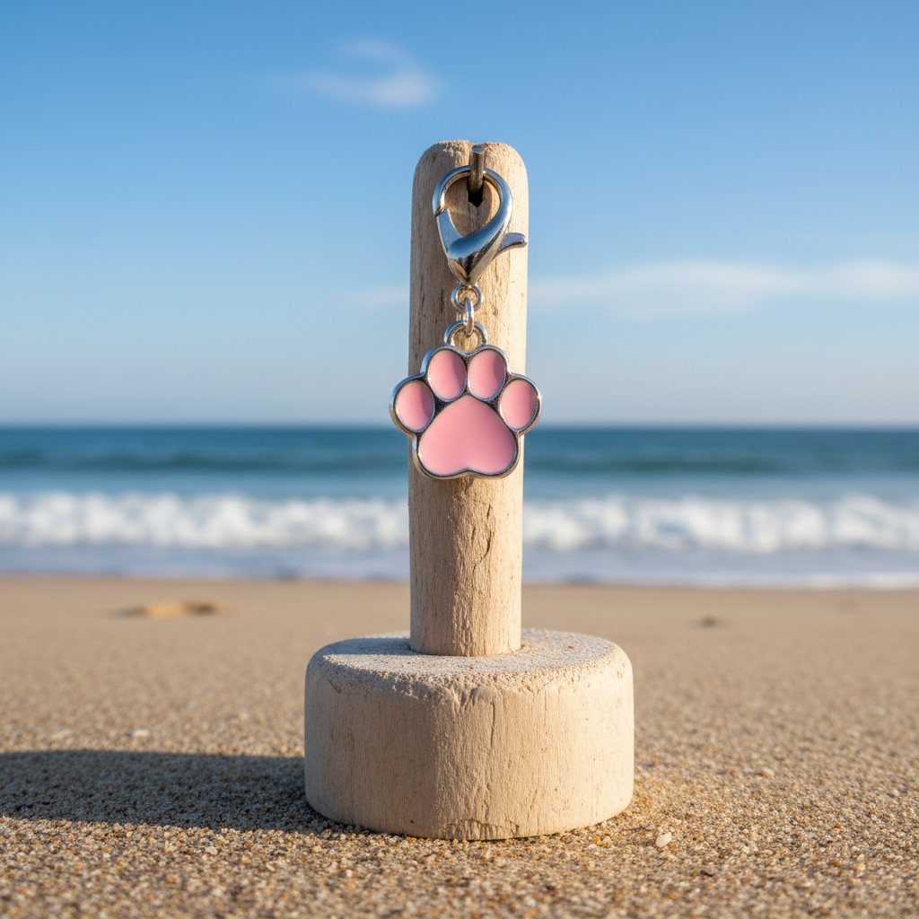 A silver paw print charm with a light pink enamel center, attached to a silver lobster clasp, resting on a stone with a blurred sunset and rocks in the background.