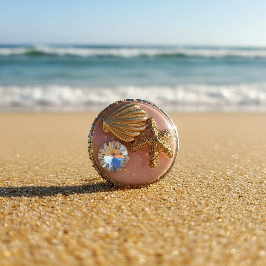 A round glass or acrylic snap button with a pale pink interior, featuring a gold seashell, a glittery gold starfish, and a faceted clear rhinestone, shown against a blurred beach scene background.