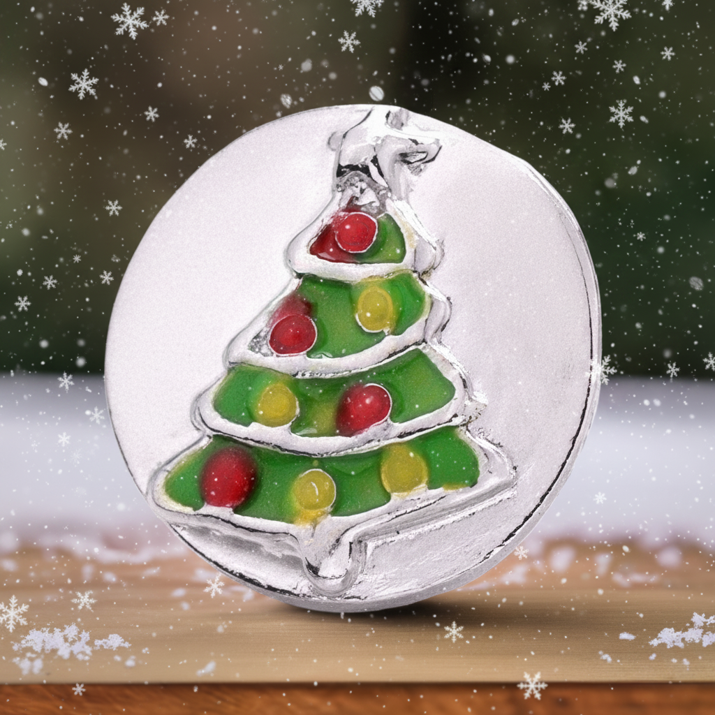 A round silver-toned snap button featuring a Christmas tree design with green, red, and yellow enamel details, shown against a blurred festive background with falling snow.
