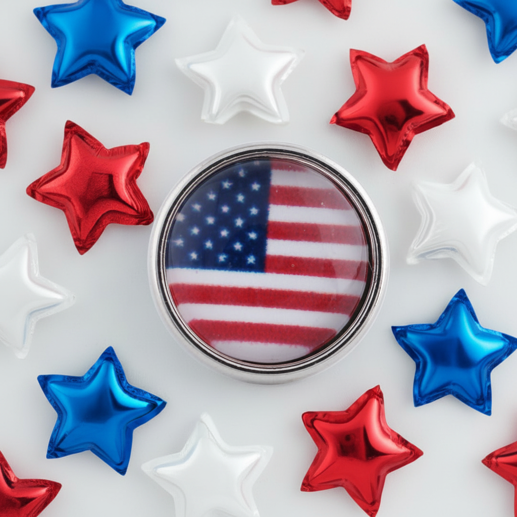 A petite snap button featuring an American flag design under a clear protective cover, surrounded by red, white, and blue star-shaped foil decorations on a white background.