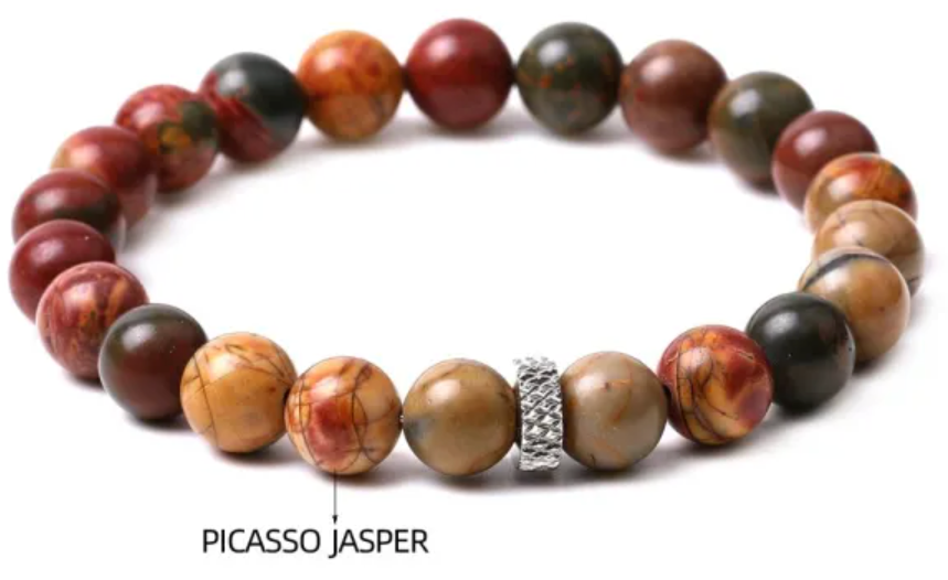A beaded stretch bracelet made of polished round stones in earthy brown, tan, olive green, and burgundy tones, with a small silver spacer bead,