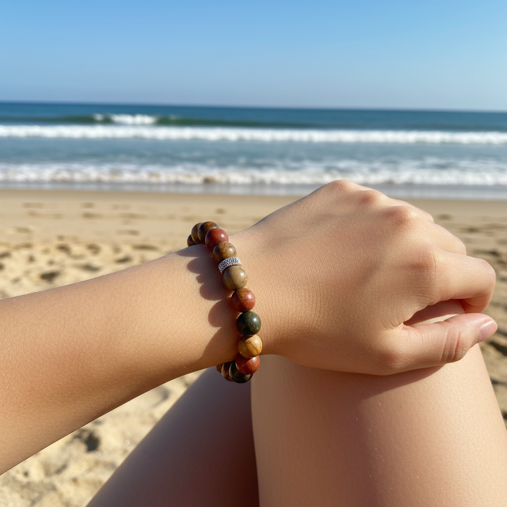 A beaded stretch bracelet made of polished round stones in earthy brown, tan, olive green, and burgundy tones, with a small silver spacer bead, displayed on a model at a beach with sand and turquoise water in the background.