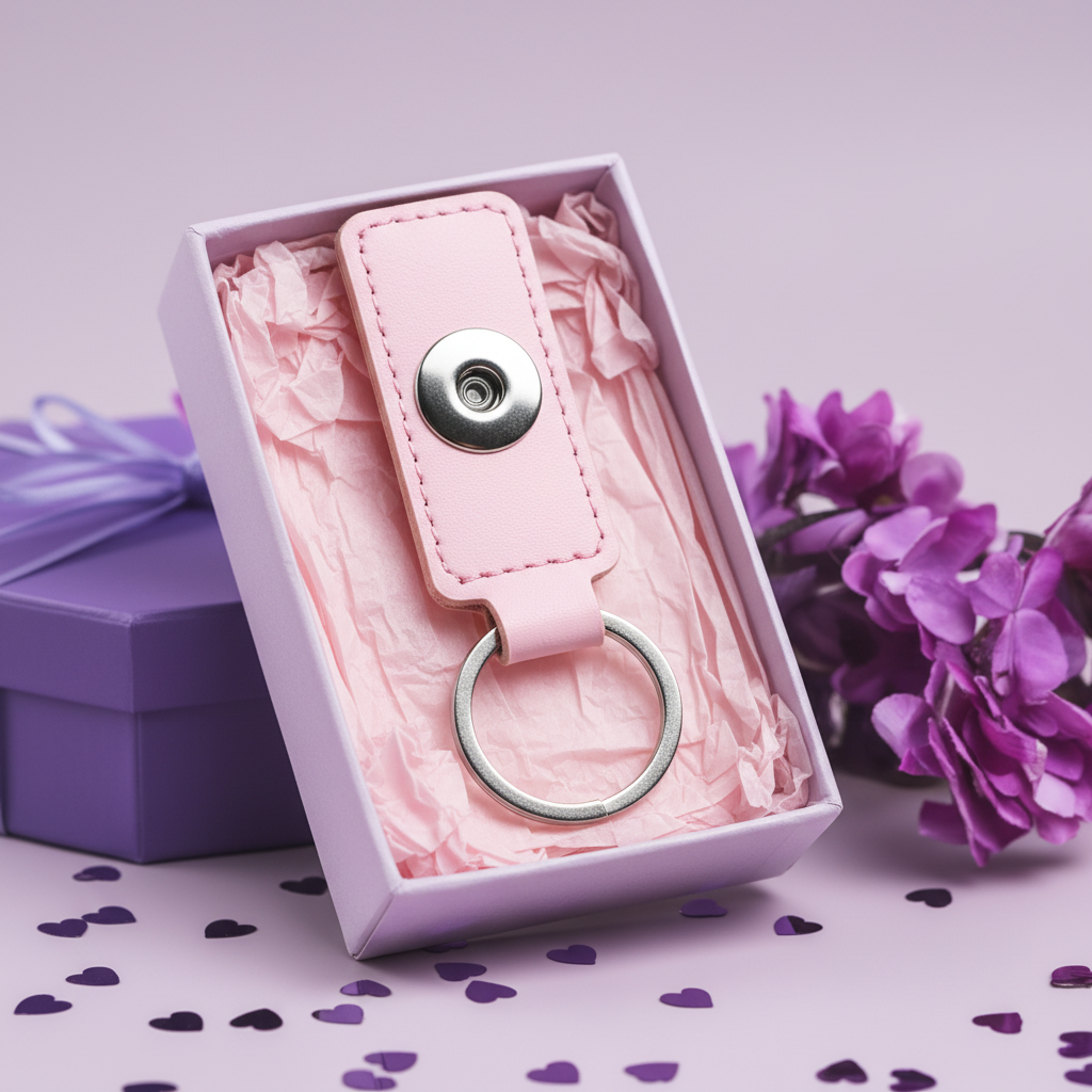 A pink faux leather keychain with a silver magnetic snap button and split ring, styled on a light purple surface with scattered heart confetti, a purple gift box, and purple flowers.