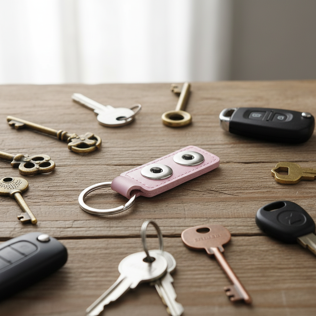 A pink leather keychain with two round silver-tone eye charms and a split key ring, styled on a wooden tabletop surrounded by various keys and car key fobs.