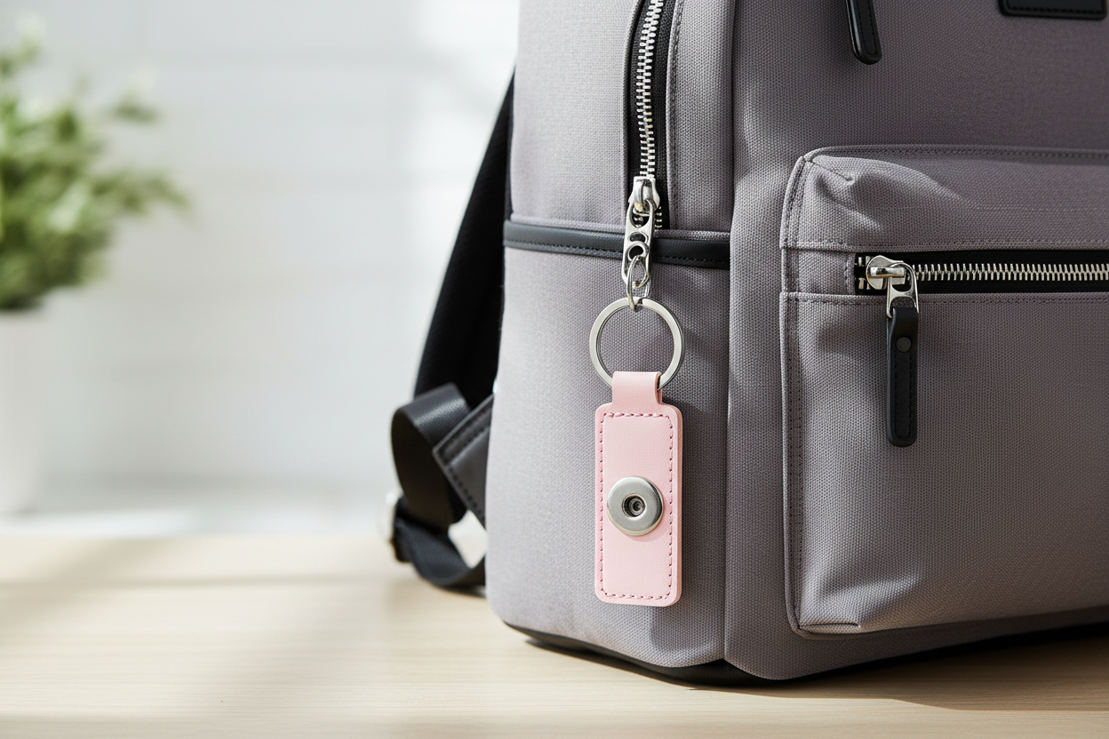 A gray nylon backpack shown in a close-up, featuring a pink leather keychain with a silver snap button and key ring attached near the zipper.