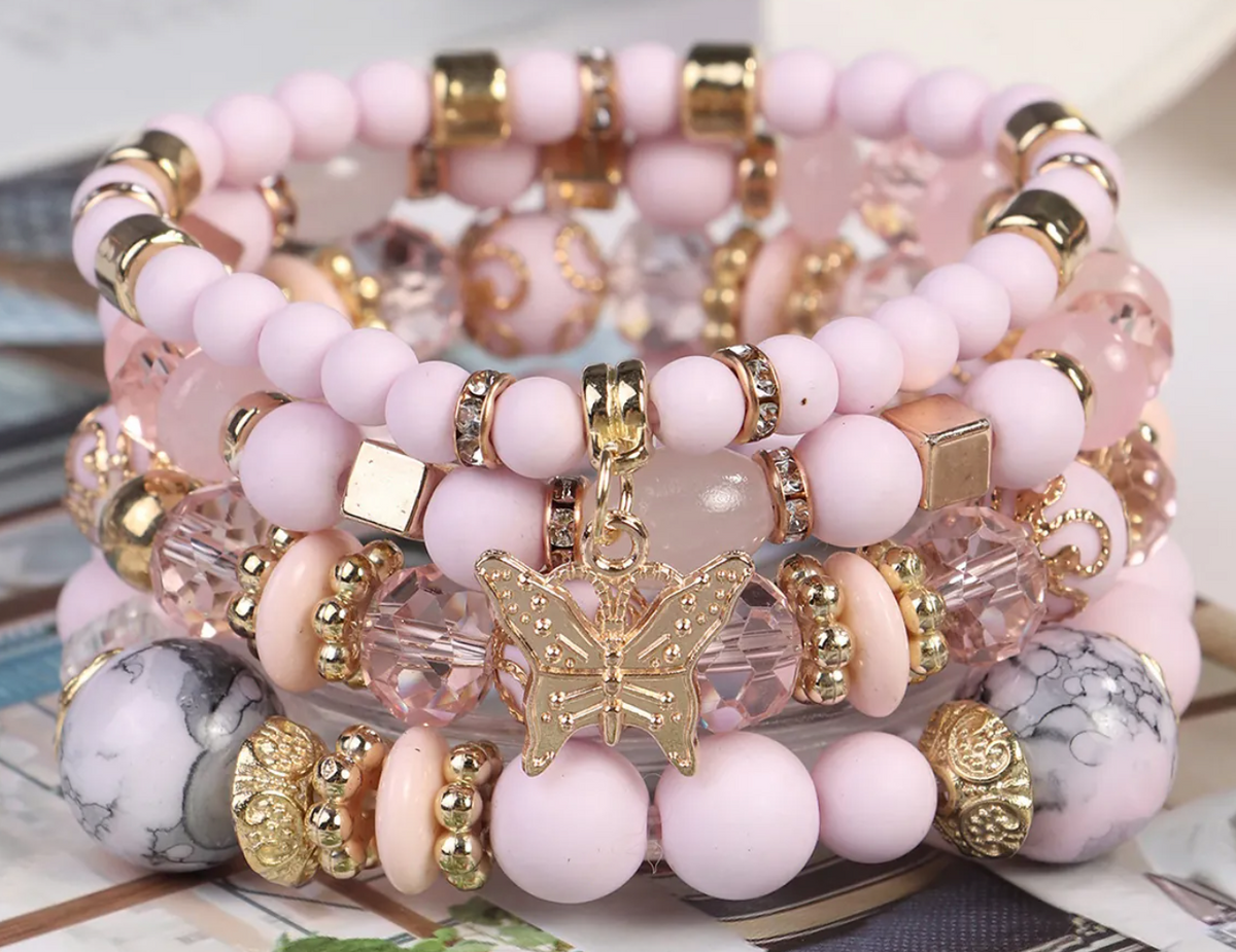 Bohemian Multi-Layer Beaded Bracelet With Butterfly Dangle - Pink