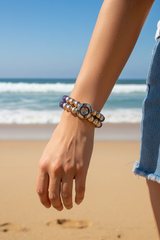 Statement Rose Gold & Deep Purple Cats Eye Beaded Stretch Bracelet
