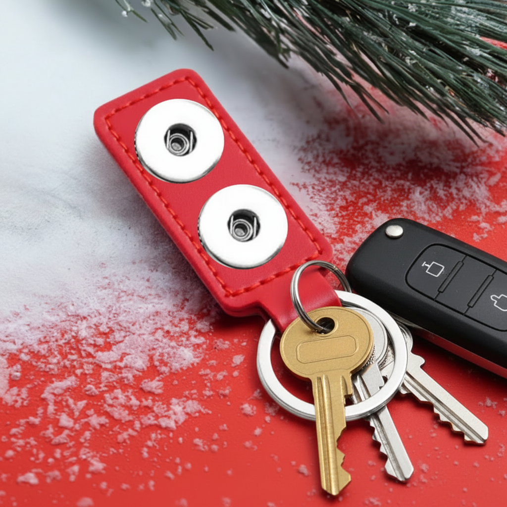 A red faux-leather keychain with two silver-tone snap buttons and a silver split key ring, photographed on a red surface with scattered white snow-like flakes and pine branches in the corner.