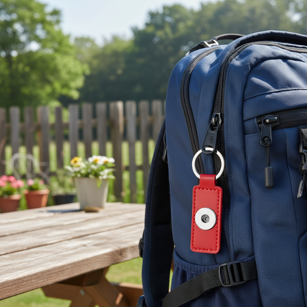 A close-up of a navy blue backpack with a red key tag attached via a silver key ring, set against a blurred outdoor background with a wooden fence, trees, and a picnic table.