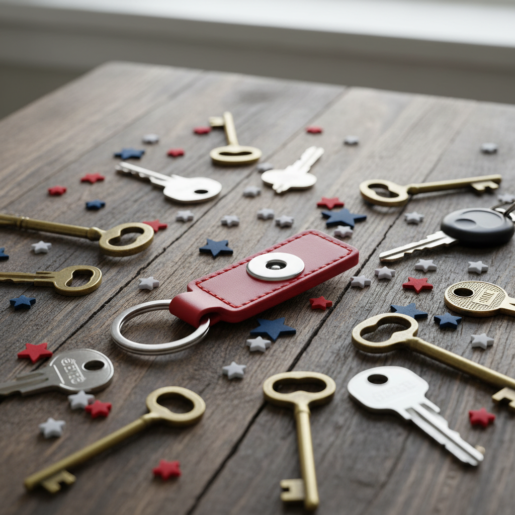 A red faux leather keychain with a silver snap button and a silver split key ring, displayed on a light gray background with scattered red, white, and blue star-shaped confetti.