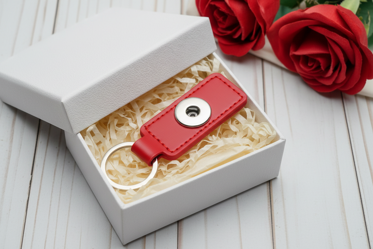 A red leather keychain with a silver snap button and key ring, presented inside an open white gift box with shredded paper, with red roses in the background on a white wooden surface.
