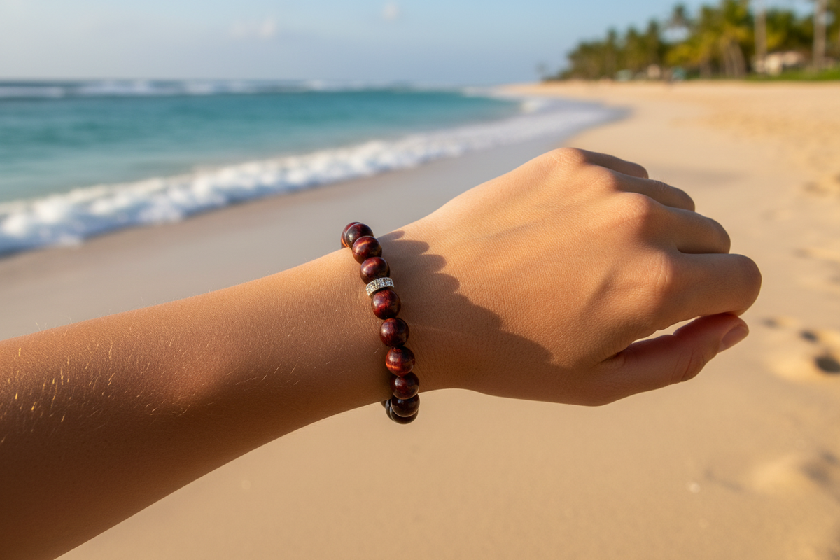 A beaded bracelet made of dark reddish-brown round beads with a small silver spacer, displayed on a smooth white stone on a sandy beach with the ocean in the background.