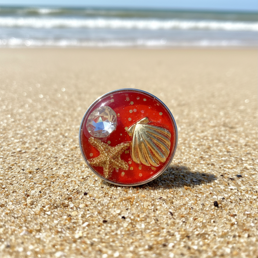 A round snap button featuring a red resin background with a gold seashell, gold glitter, and a clear faceted crystal, set against a sandy beige background.