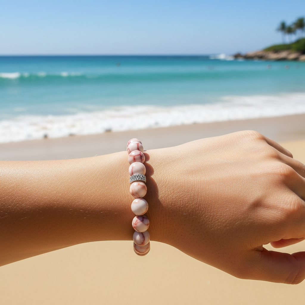 A beaded stretch bracelet with round pink, white, and gray marbled beads and a small silver rhinestone accent, displayed on a model on a sandy beach with the ocean in the background.